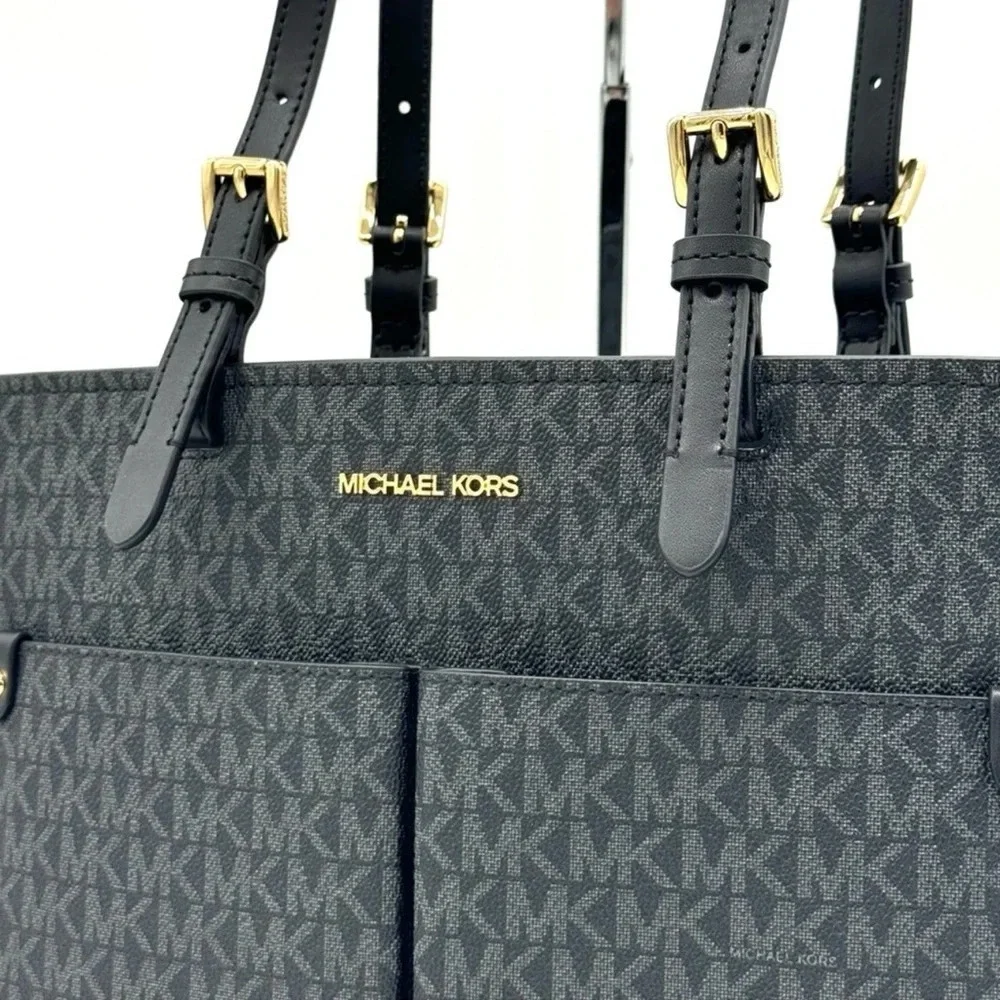 Michael Kors Jet Set Medium Pocket Tote Bag NWT Black Signature
